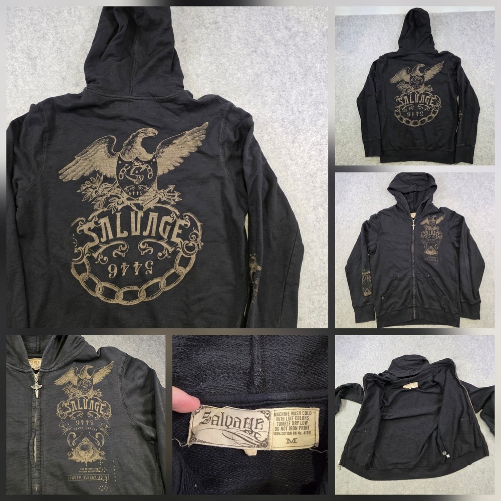 VTG Y2K Salvage Hoodie Mens Medium Black Eagle‎ Skull Death Full Zip Sweatshirt